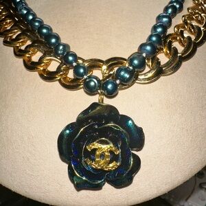 CHANEL Flower Pendant on Genuine Black Pearl & Gold Tone Monet Necklace